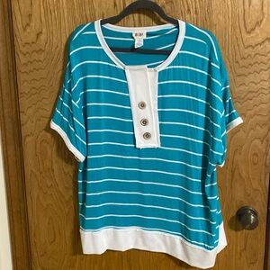Bibi Large oversized top fits loose good condition aqua blue and white